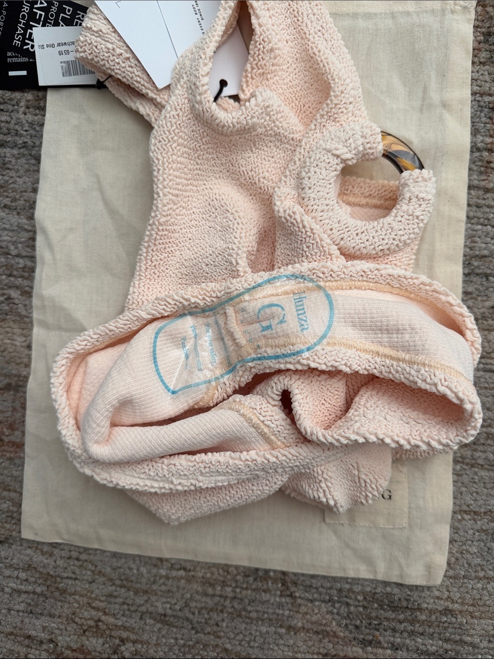 Hunza G Pale Pink Textured One-Piece Swimsuit with Ring Detail - Picture 3 of 3